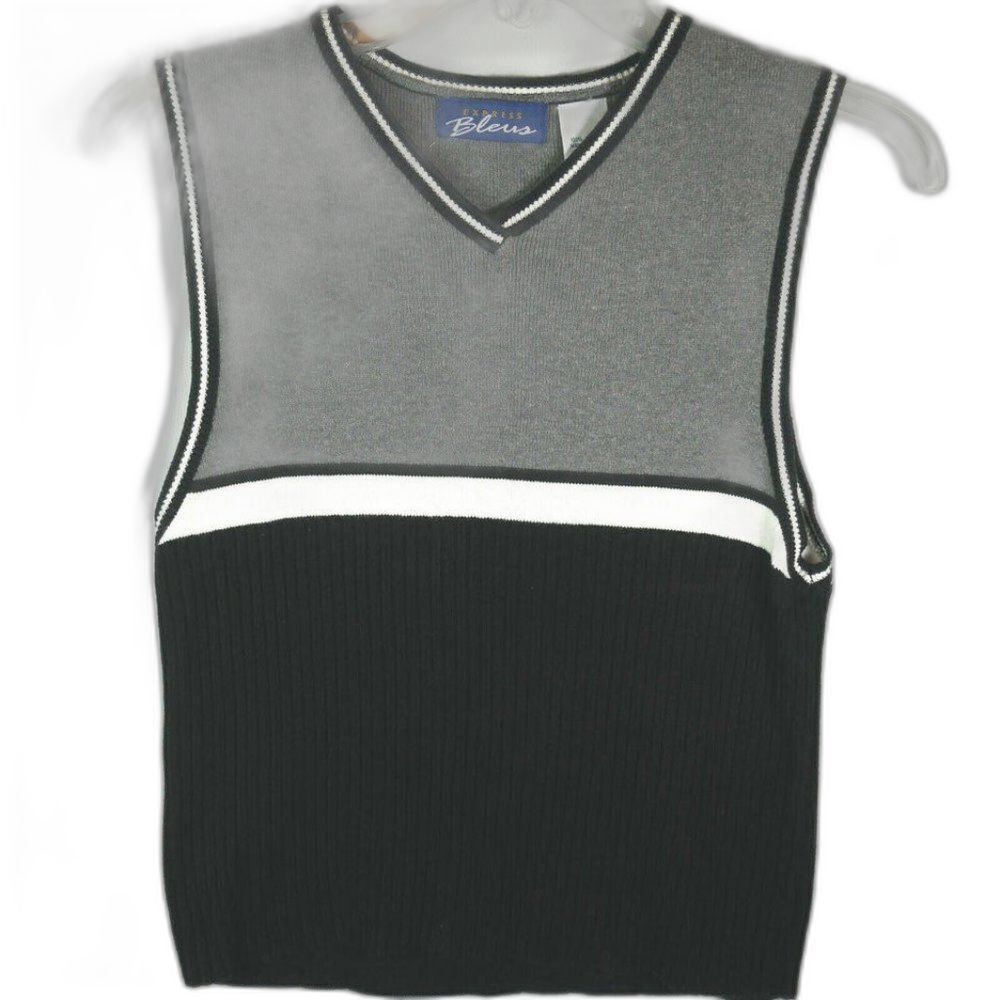 Express Bleus Women's Size M Sleeveless Knit Gray Black Vest V Neck